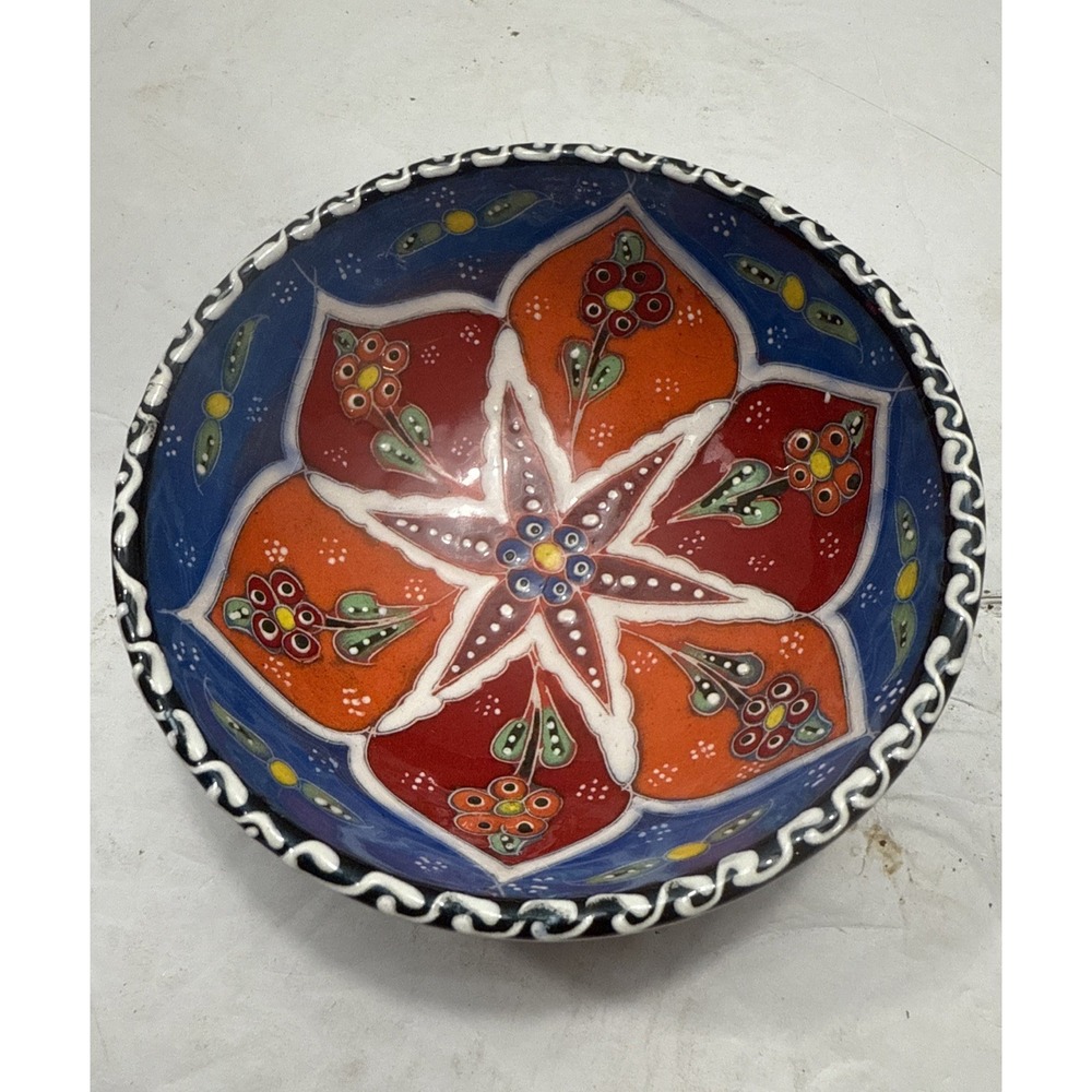 Vintage Handmade Ceramic Trinket Bowl Colorful Detailed Floral Design